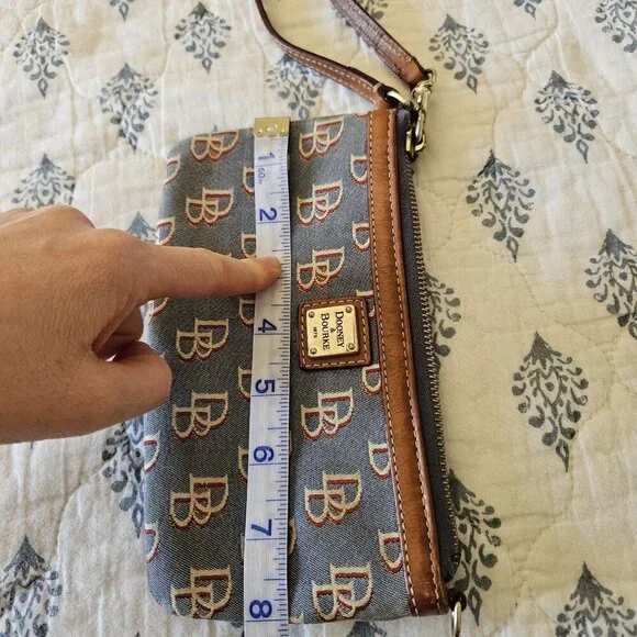 Dooney & Bourke DB Monogram Wristlet Blue Canvas Brown Leather Trim Small Bag - Picture 10 of 10